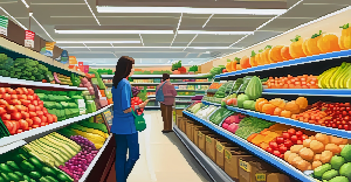 A colorful grocery store aisle showcasing a variety of vegetarian products and fresh produce, with a shopper examining labels.