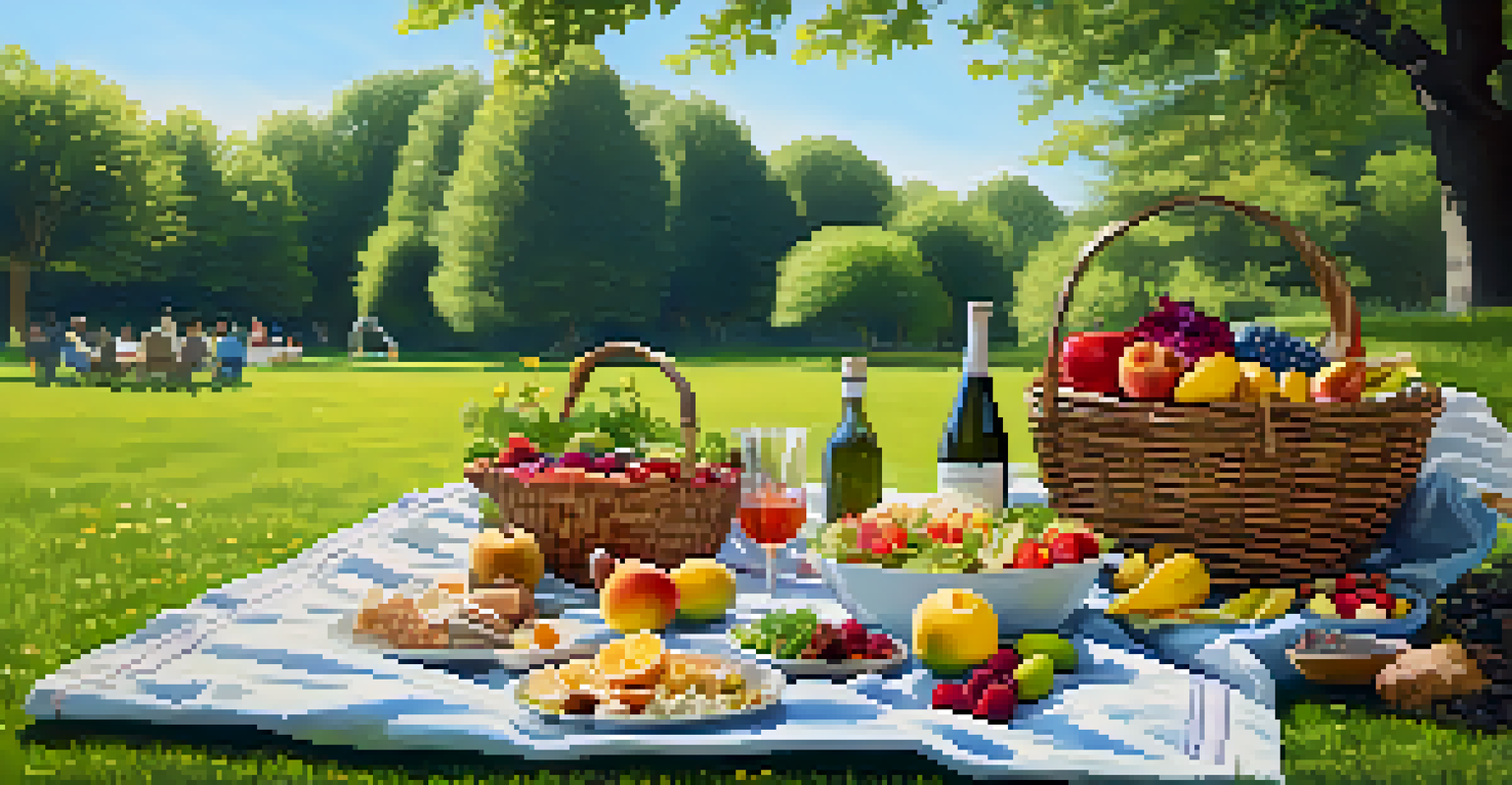 An outdoor picnic with a blanket and an array of plant-based foods surrounded by nature.