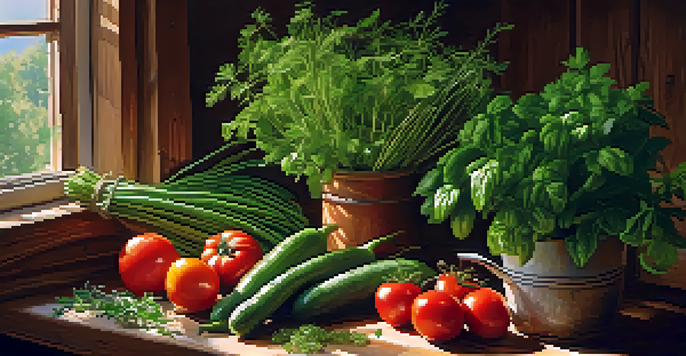 A wooden kitchen table with fresh herbs and seasonal vegetables, illuminated by warm sunlight.