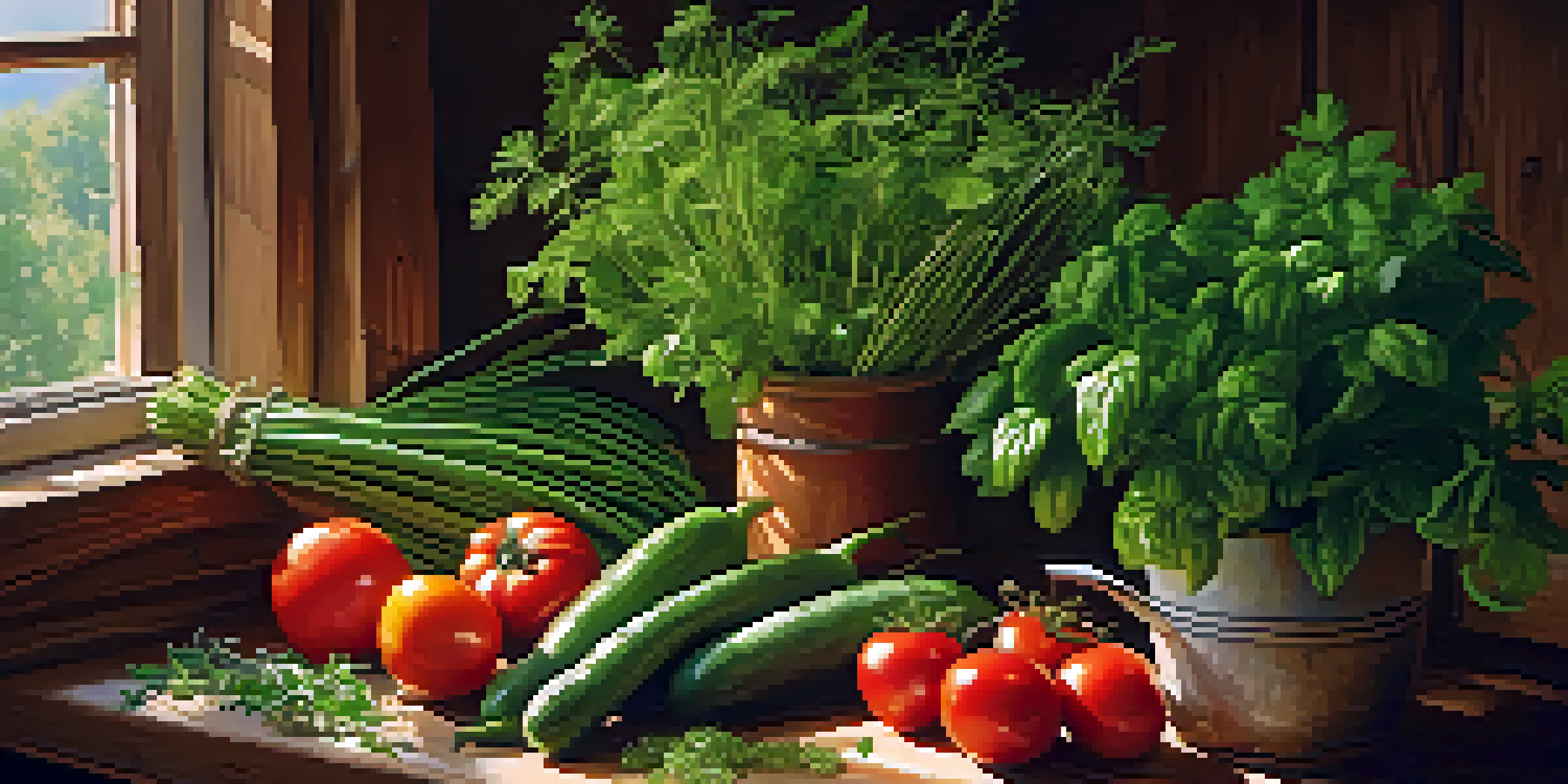 A wooden kitchen table with fresh herbs and seasonal vegetables, illuminated by warm sunlight.