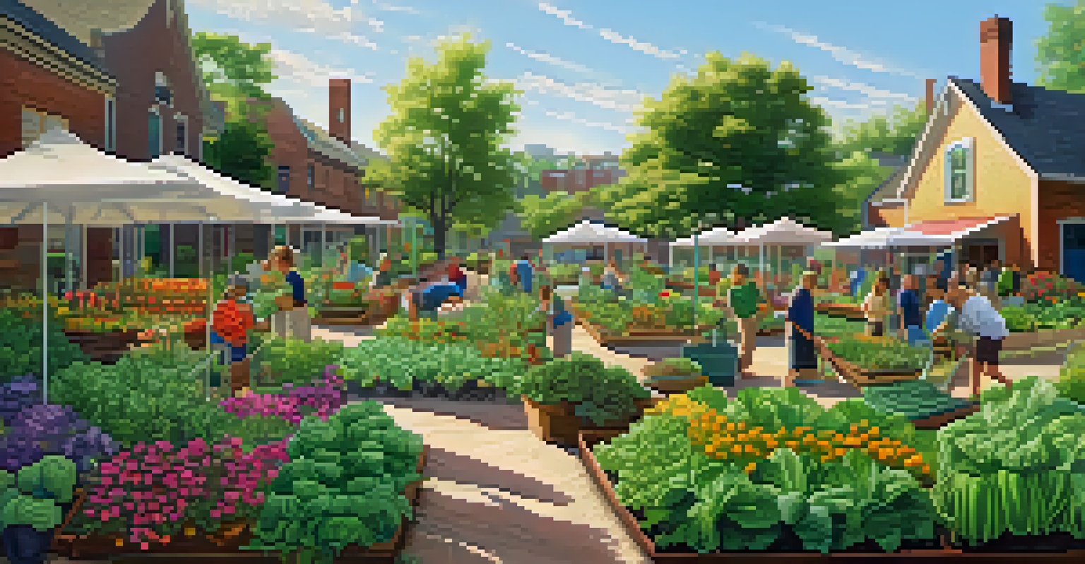 People working together in a community garden, growing vegetables and flowers under the warm sunlight.