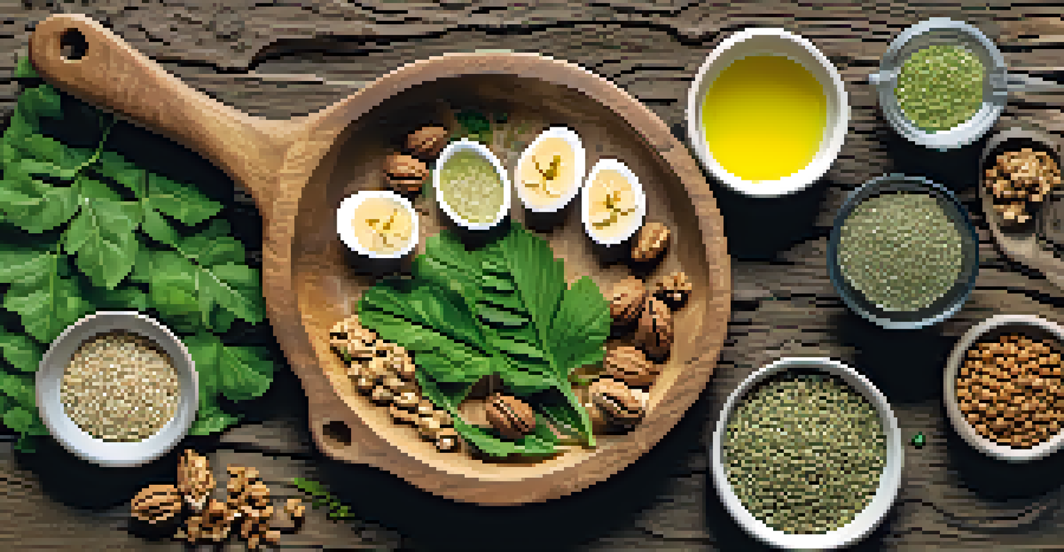 A colorful flat lay of walnuts, chia seeds, and hemp seeds on a wooden surface, with algae and greens, illuminated by sunlight.