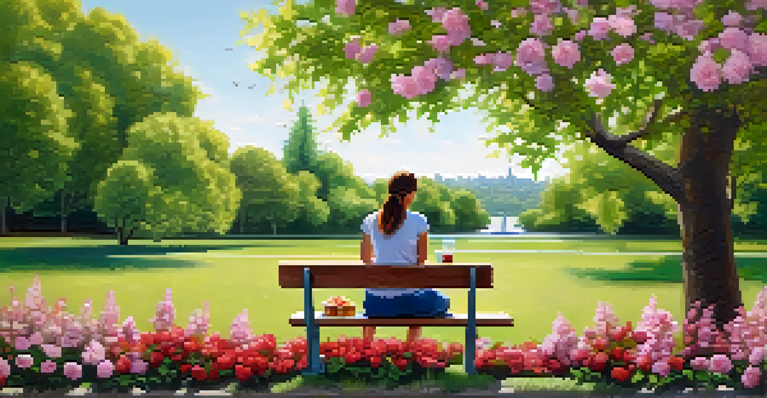 A person enjoying a healthy vegetarian lunch on a park bench, surrounded by nature and flowers, illustrating mindful eating.