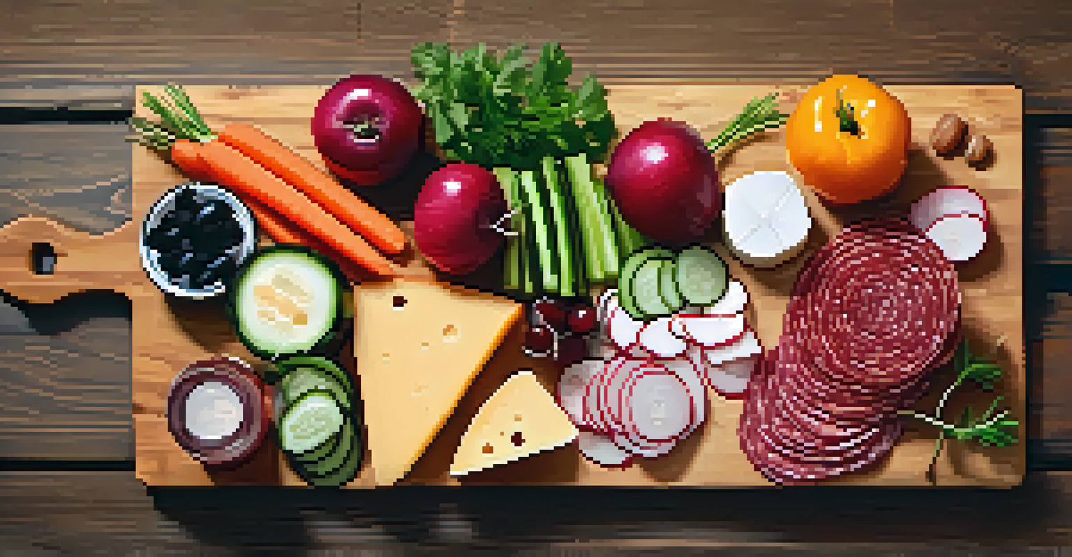 A charcuterie board with various pickled vegetables, cheese, and cured meats on a rustic wooden background.