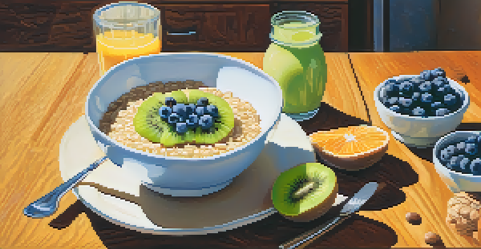 A bowl of oatmeal with kiwi and blueberries on a kitchen table, with fresh fruits and orange juice in the background.