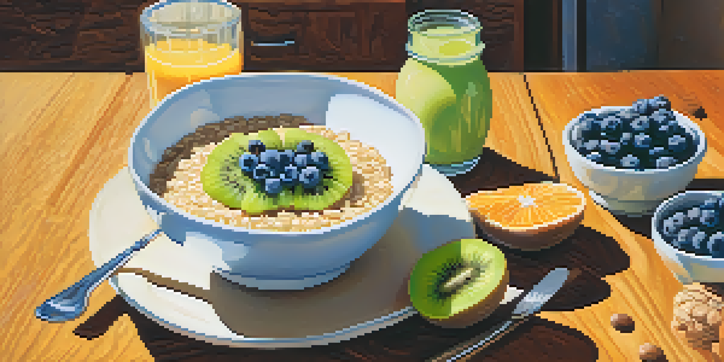 A bowl of oatmeal with kiwi and blueberries on a kitchen table, with fresh fruits and orange juice in the background.