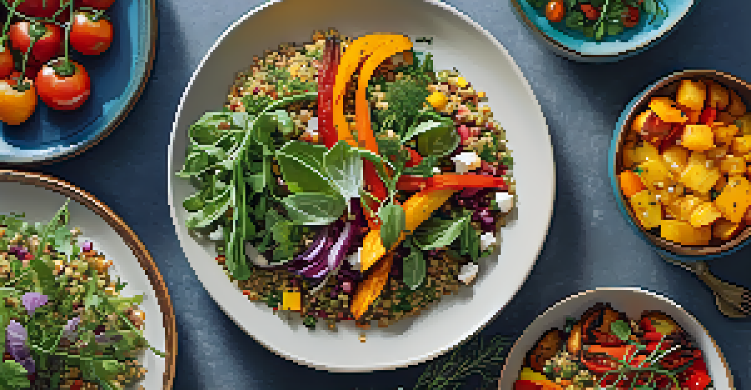 A close-up of a plate featuring a variety of colorful vegetarian dishes, showcasing the textures and colors of the food.