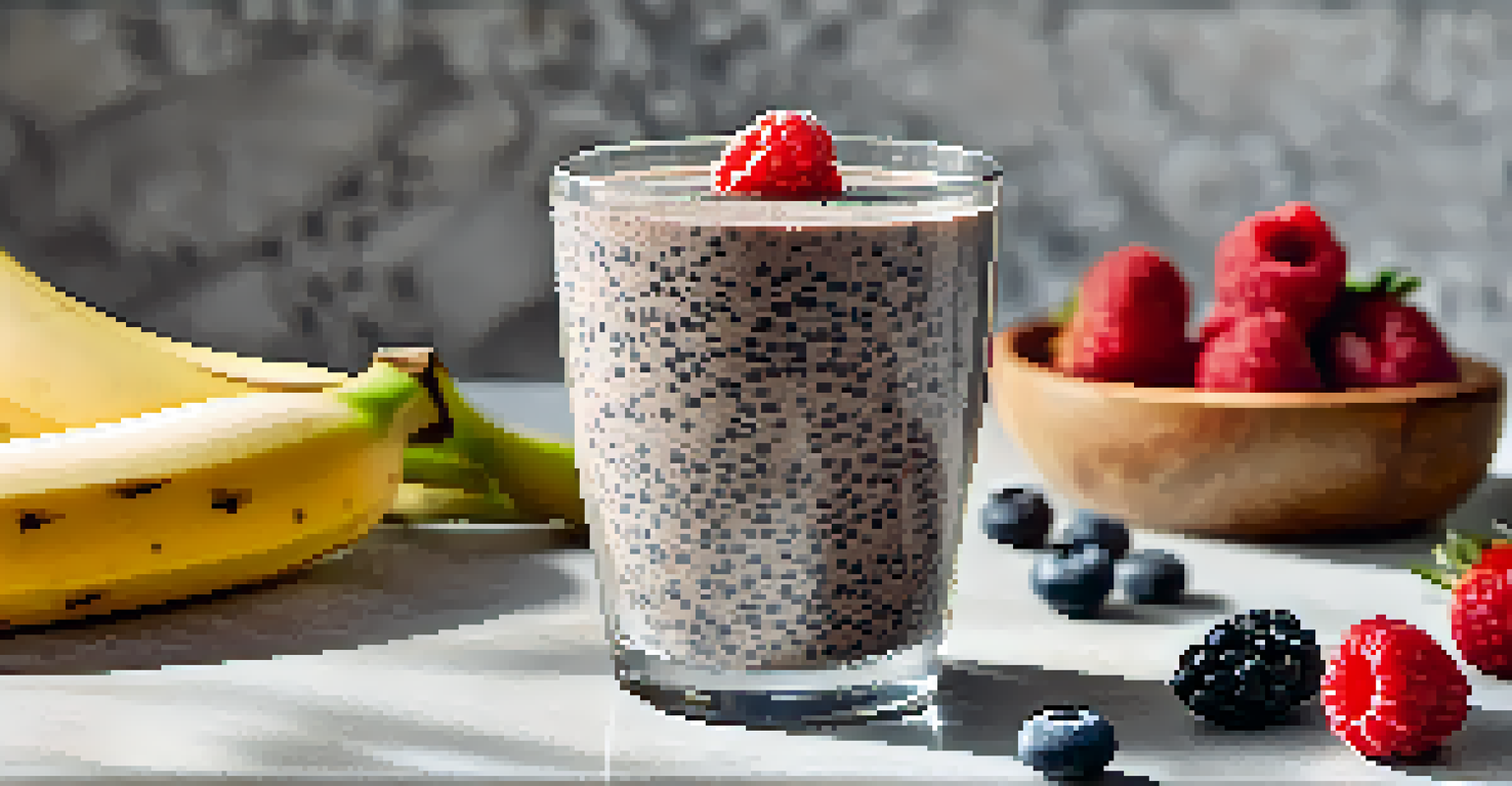 A glass of smoothie topped with chia seeds, flaxseeds, and fresh berries, emphasizing healthy eating.