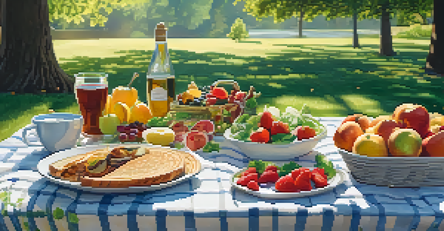 An outdoor picnic featuring a variety of vegetarian dishes on a blanket under trees, with friends enjoying their meal.
