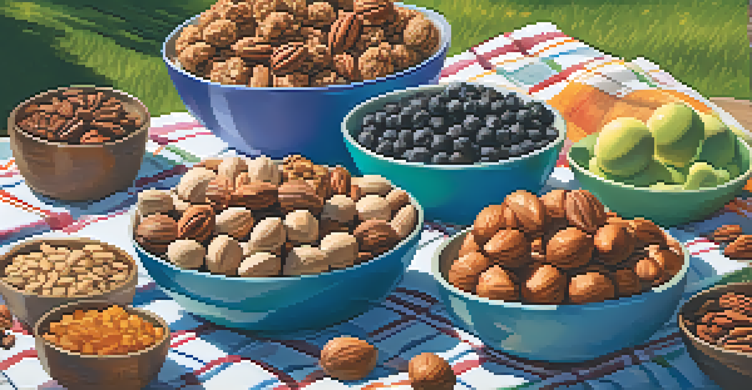 An outdoor picnic scene with colorful bowls of nut-based snacks, including protein balls and trail mix, set on a picnic blanket in a sunny park.