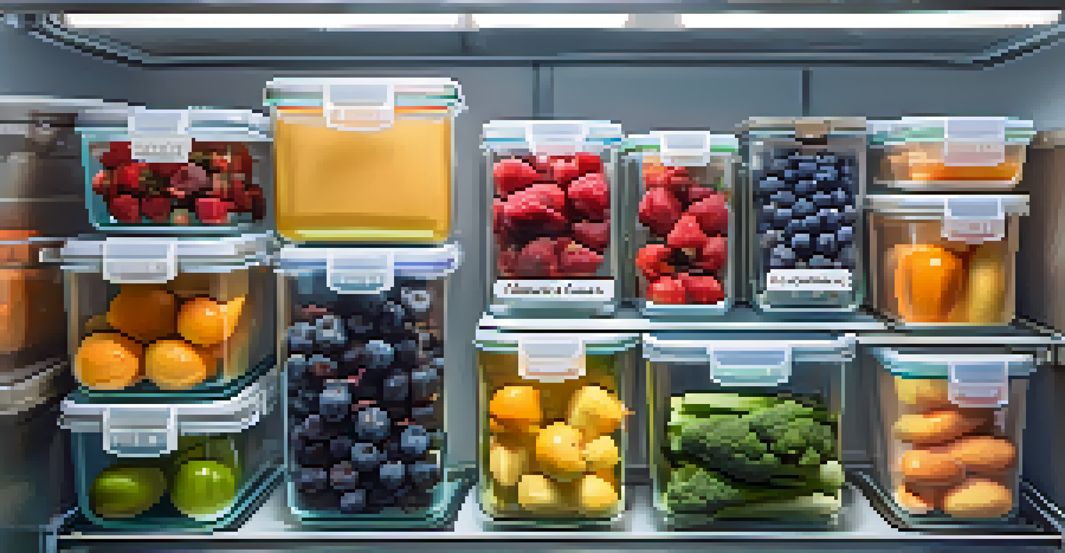 A well-organized refrigerator filled with neatly stacked glass food storage containers, colorful fruits, and vegetables, illuminated by soft lighting.