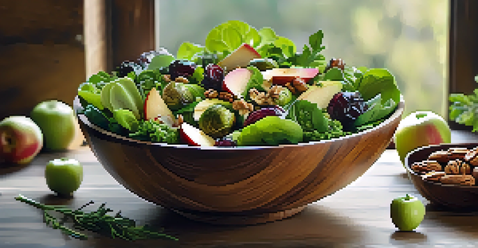 A colorful salad with fresh greens, roasted Brussels sprouts, sliced apples, and walnuts in a wooden bowl, set in a bright kitchen.