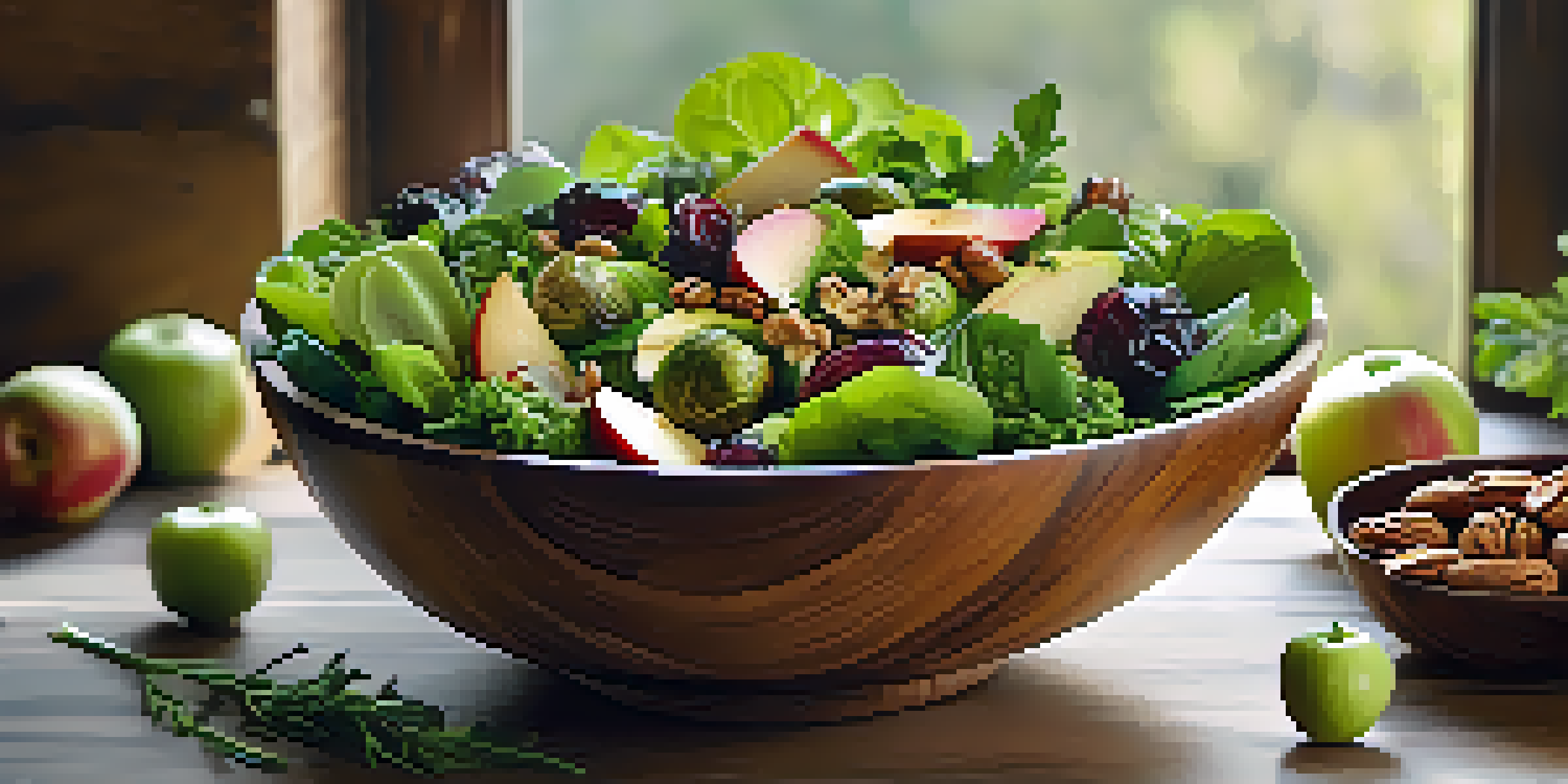 A colorful salad with fresh greens, roasted Brussels sprouts, sliced apples, and walnuts in a wooden bowl, set in a bright kitchen.
