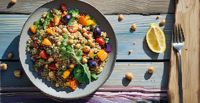 A colorful plate with a quinoa salad containing roasted vegetables, chickpeas, and lemon dressing on a wooden table with sunlight.