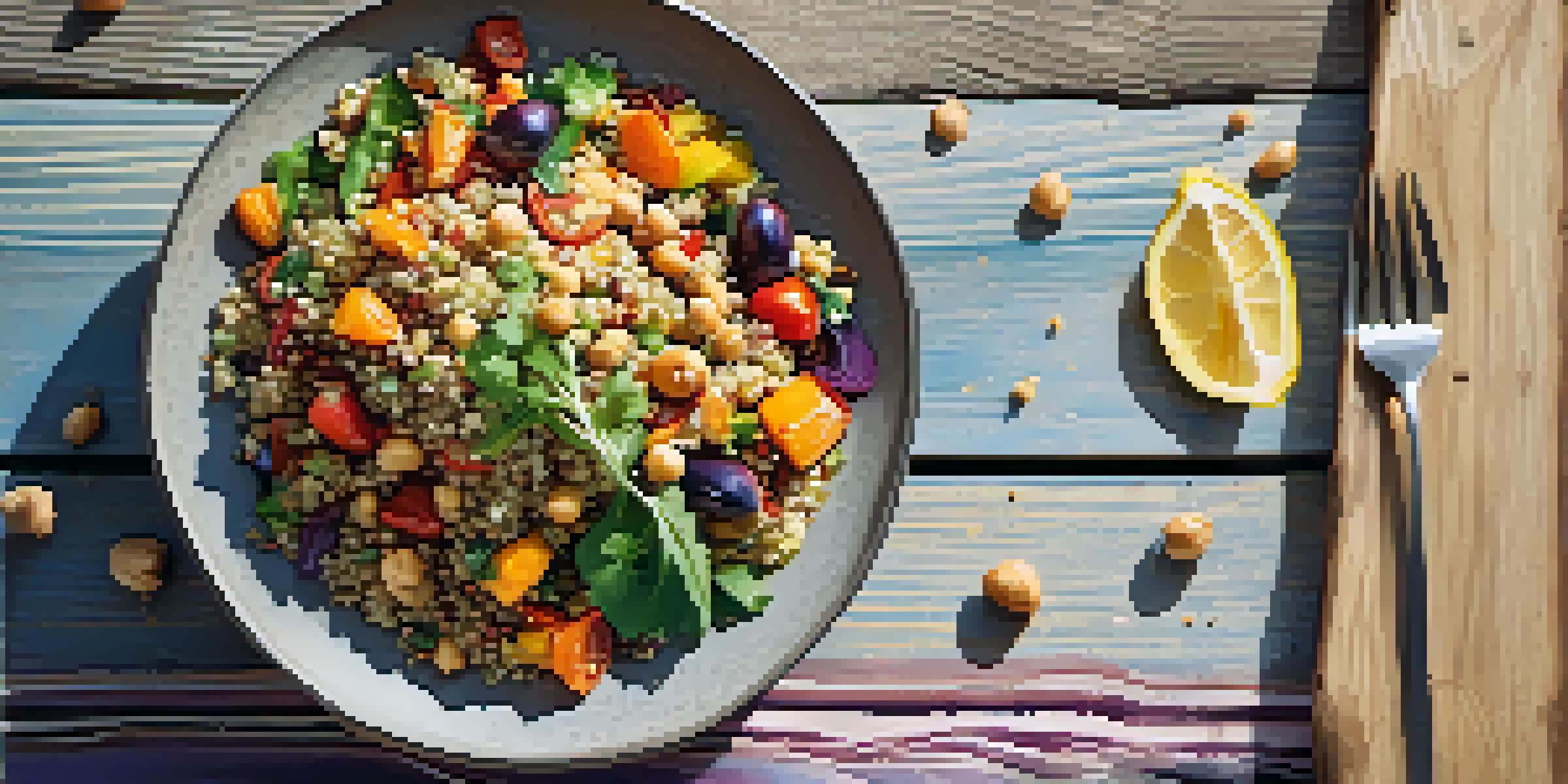 A colorful plate with a quinoa salad containing roasted vegetables, chickpeas, and lemon dressing on a wooden table with sunlight.