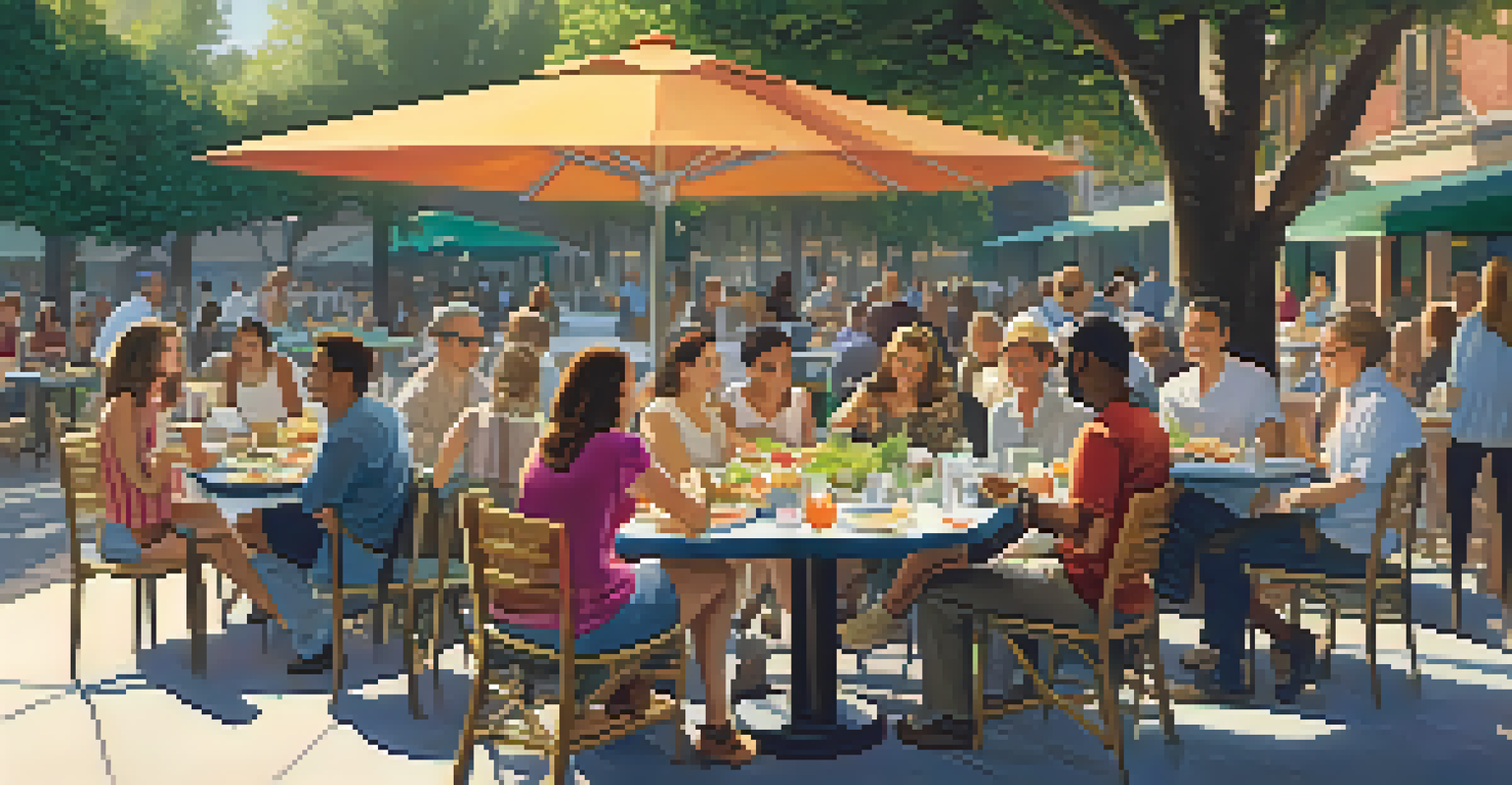 A friendly outdoor café scene with friends discussing vegetarian menu options, surrounded by colorful dishes.