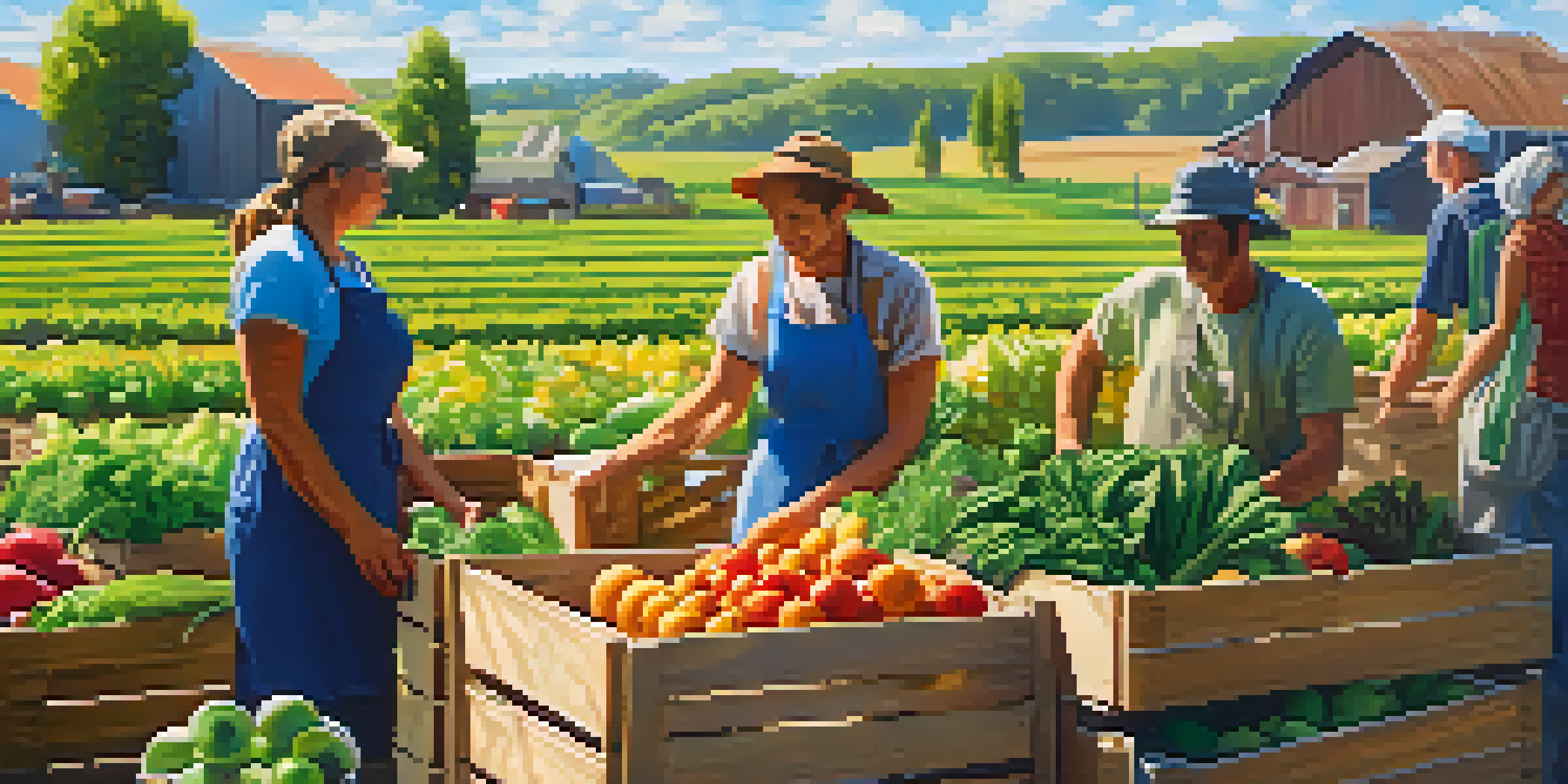 A lively farm scene with local farmers harvesting seasonal fruits and vegetables, surrounded by greenery and under a bright sky.