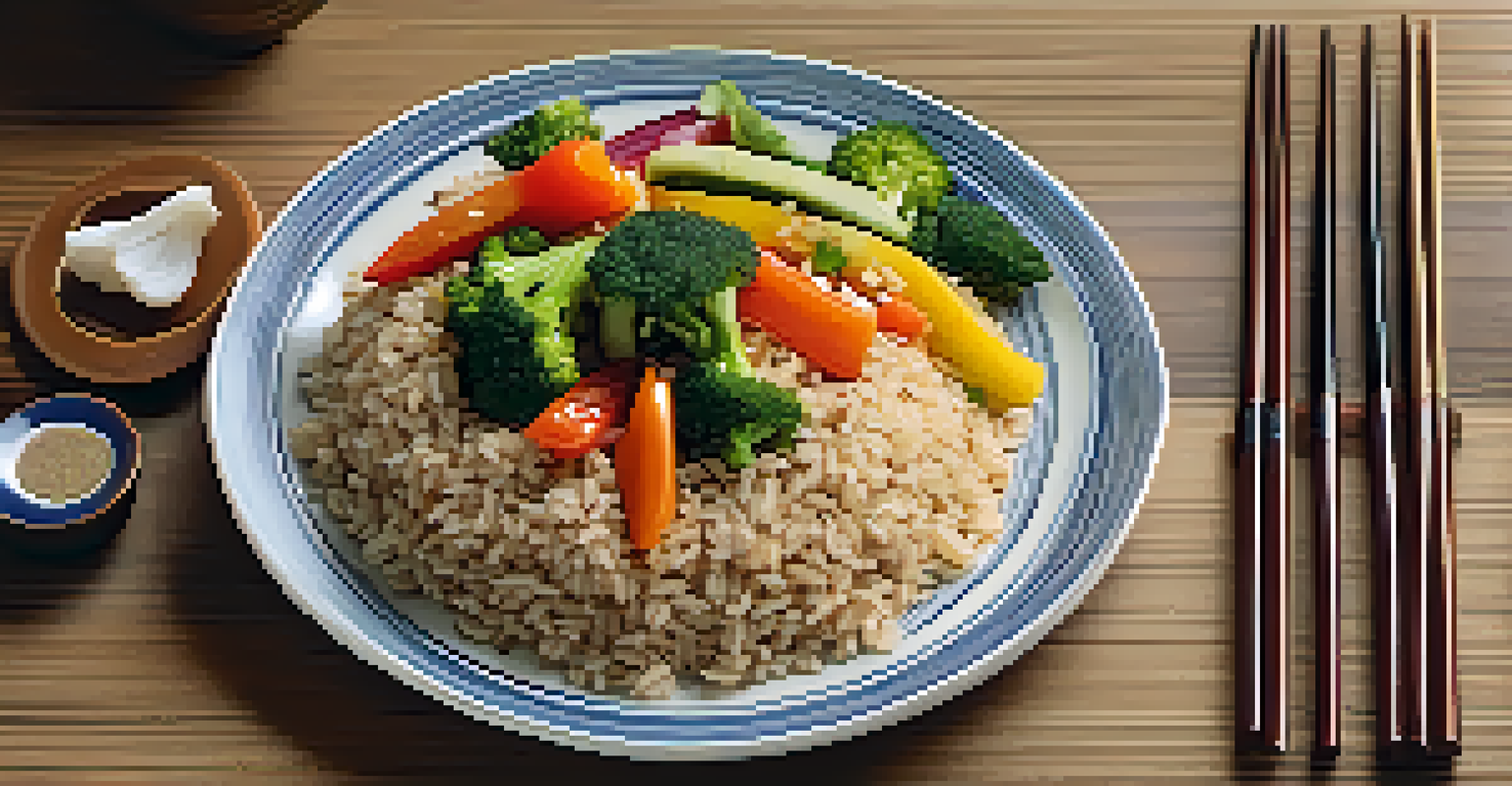An overhead view of a plate of brown rice with sautéed vegetables, garnished with sesame seeds and chopsticks beside it.