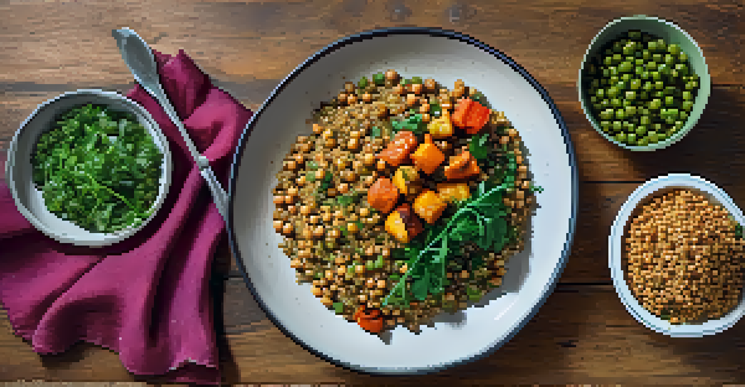 An overhead view of a nutritious vegetarian meal featuring quinoa, roasted vegetables, and chickpeas, presented on a rustic plate with a green tablecloth.