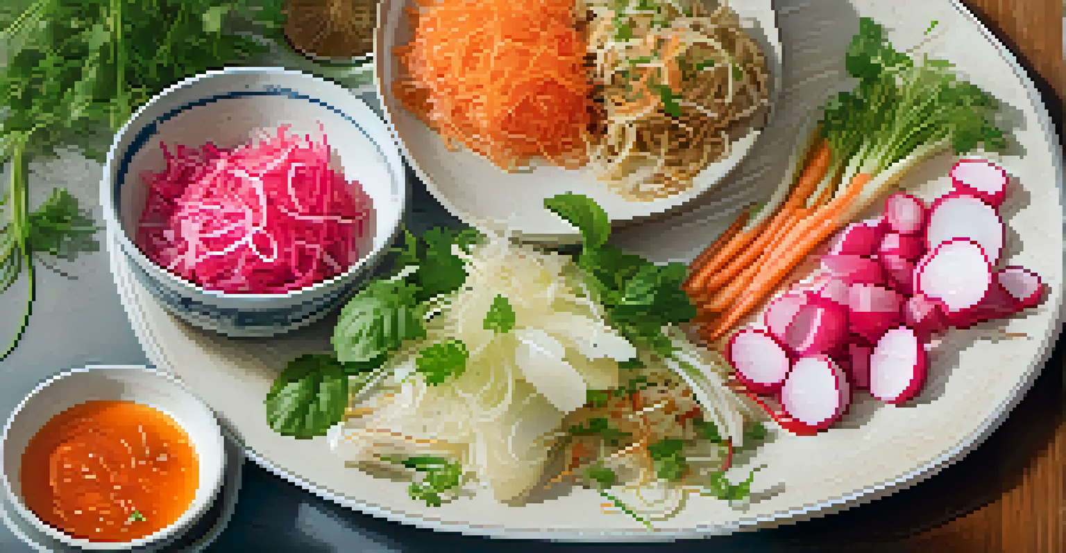 A beautifully arranged plate of fermented foods, including kimchi and sauerkraut, with fresh herbs on a rustic table.