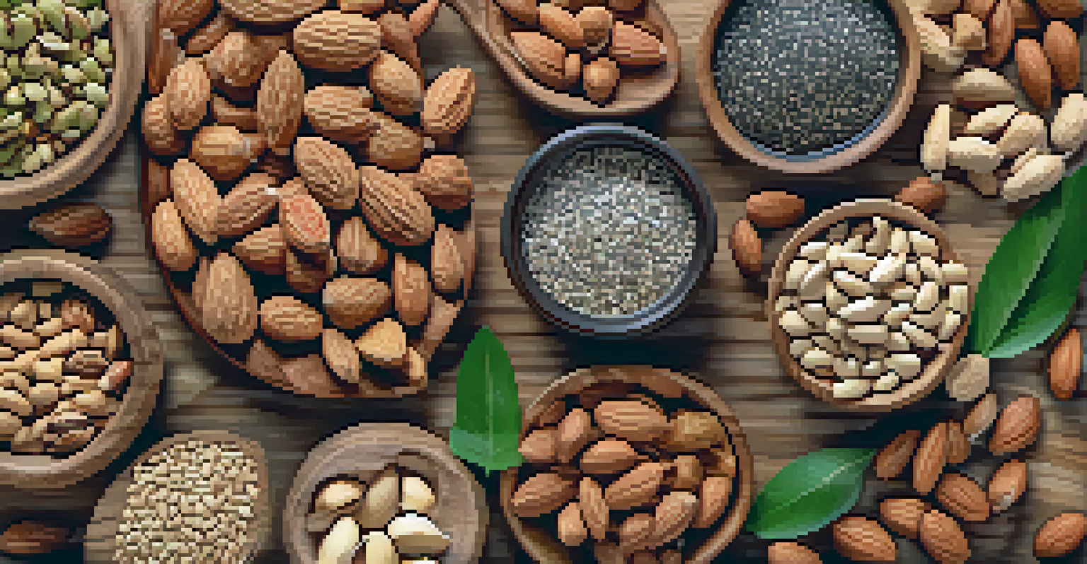 A wooden cutting board with an artistic arrangement of various nuts and seeds.