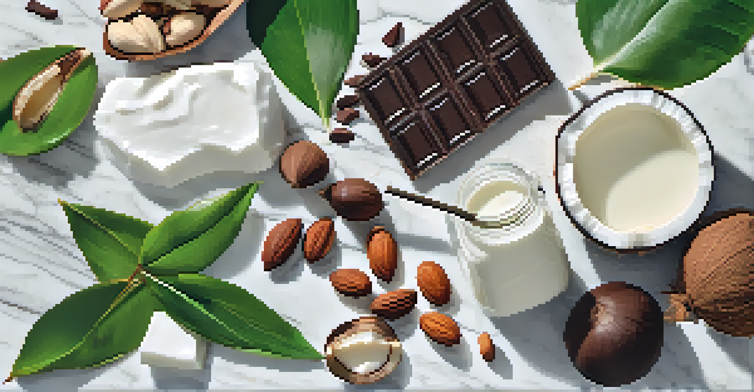 Flat lay of whole food sources of saturated fats including coconut milk, dark chocolate, and nuts on a marble countertop.