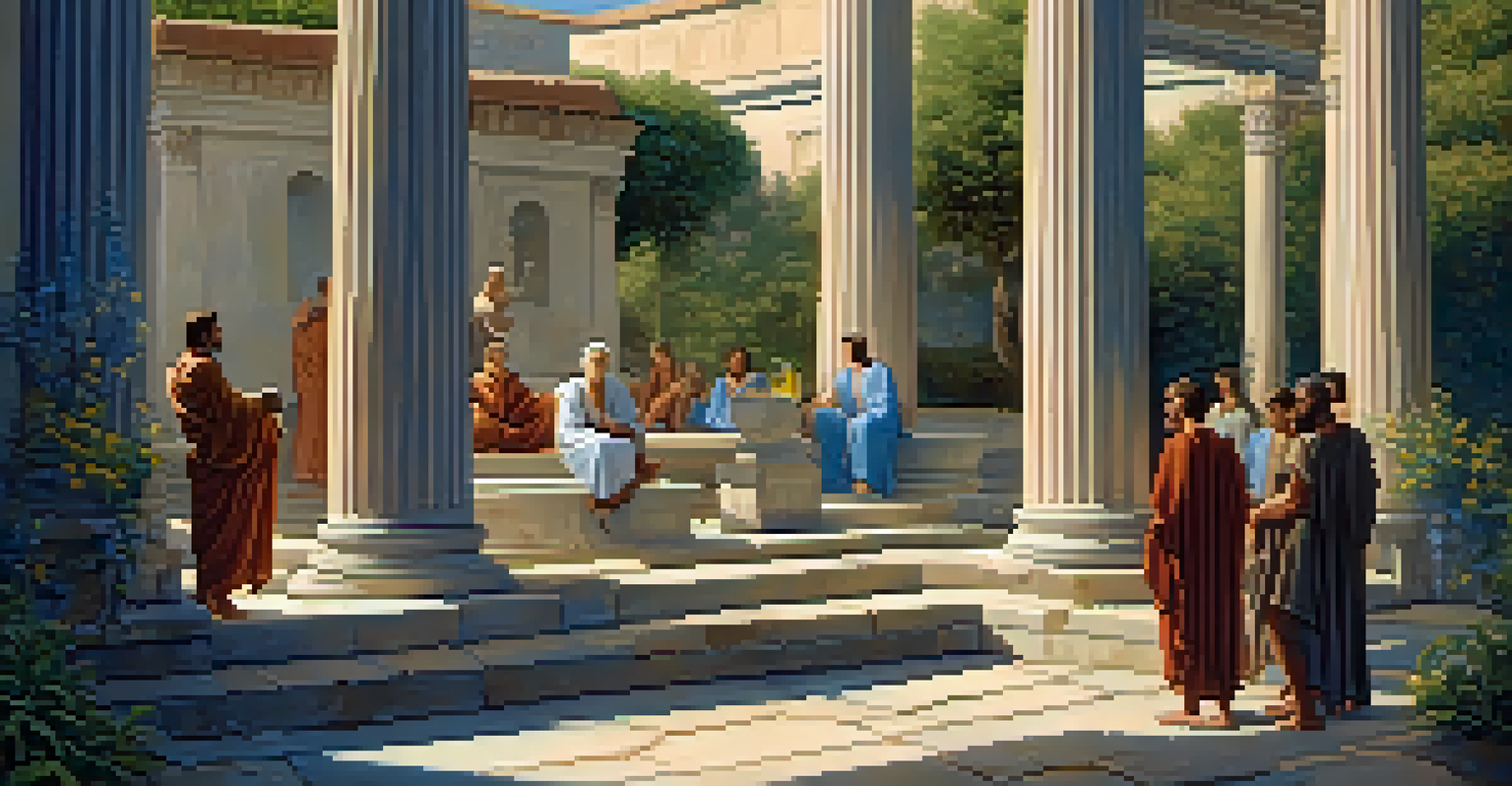 Plato and Aristotle engaged in discussion in an ancient Greek courtyard, surrounded by plants and books, focusing on dietary ethics.
