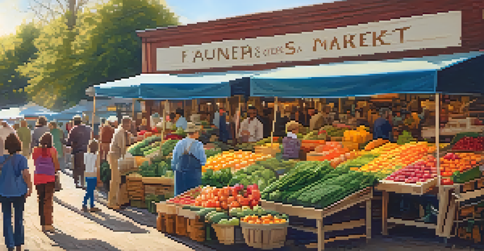 A lively farmer's market filled with colorful fruits and vegetables, with people shopping in a warm, sunny atmosphere.