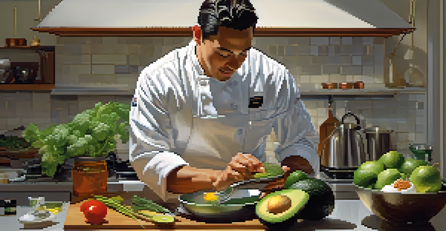 A chef in a kitchen preparing a dish, pouring avocado oil into a frying pan, surrounded by fresh vegetables and herbs.