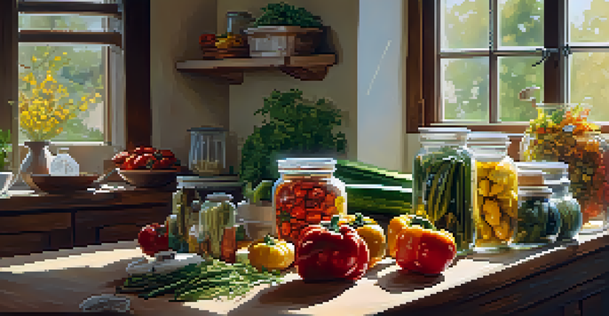 A kitchen countertop displaying various dried vegetables in glass jars, with sunlight illuminating their colors.