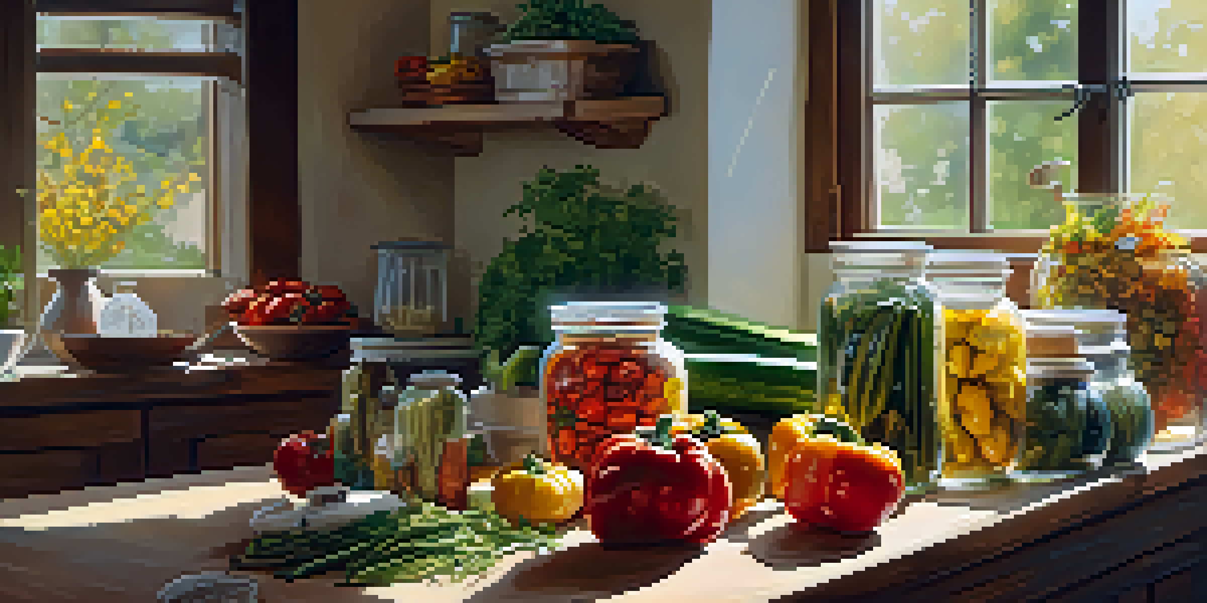 A kitchen countertop displaying various dried vegetables in glass jars, with sunlight illuminating their colors.