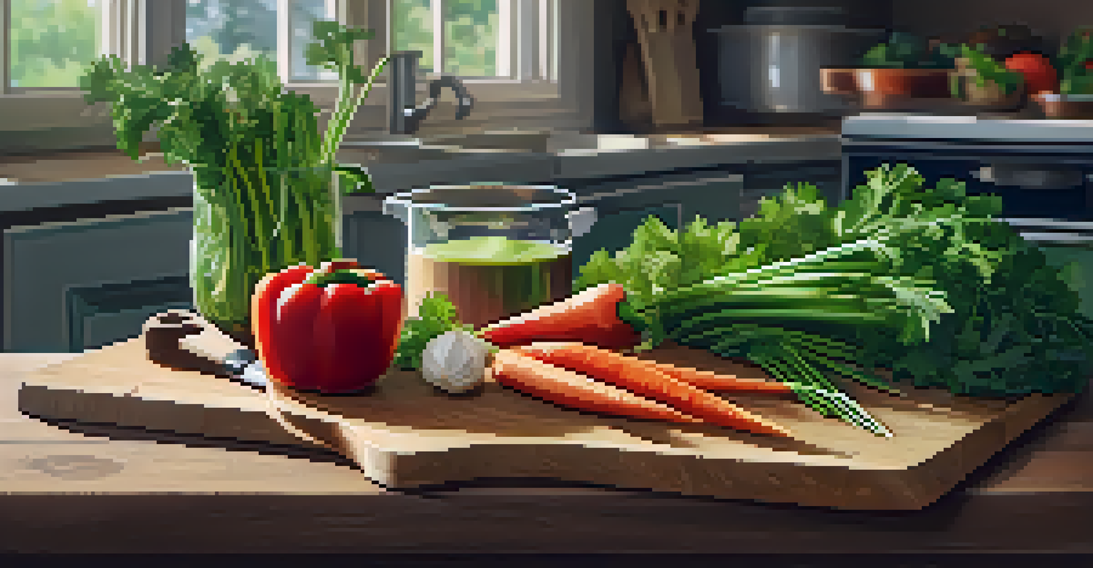 A cutting board with assorted leftover vegetables and herbs, suggesting preparation for soup, with a knife and pot in the background.