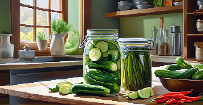 A kitchen scene with a glass jar of pickled cucumbers and colorful spices, illuminated by sunlight.