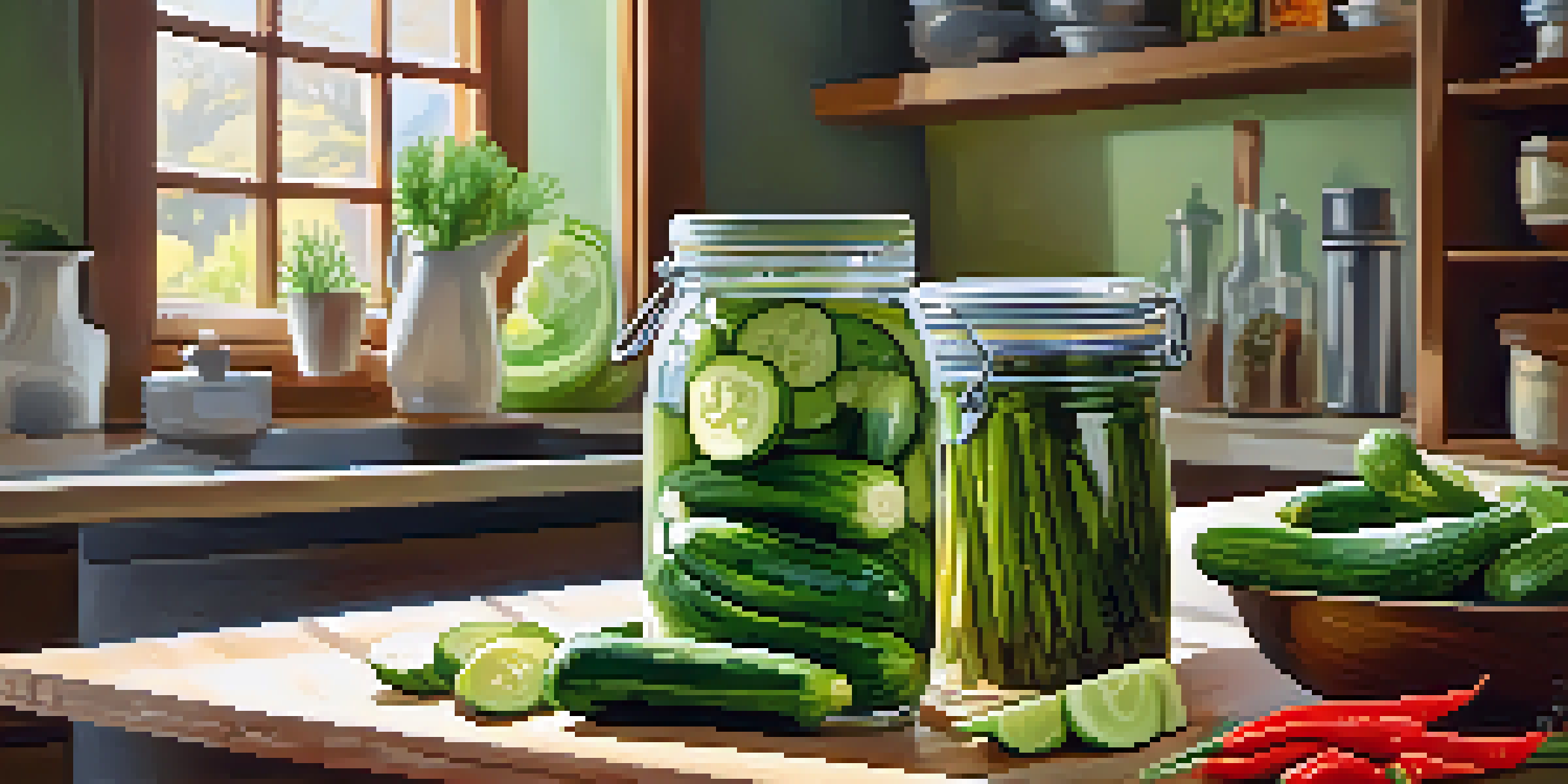 A kitchen scene with a glass jar of pickled cucumbers and colorful spices, illuminated by sunlight.