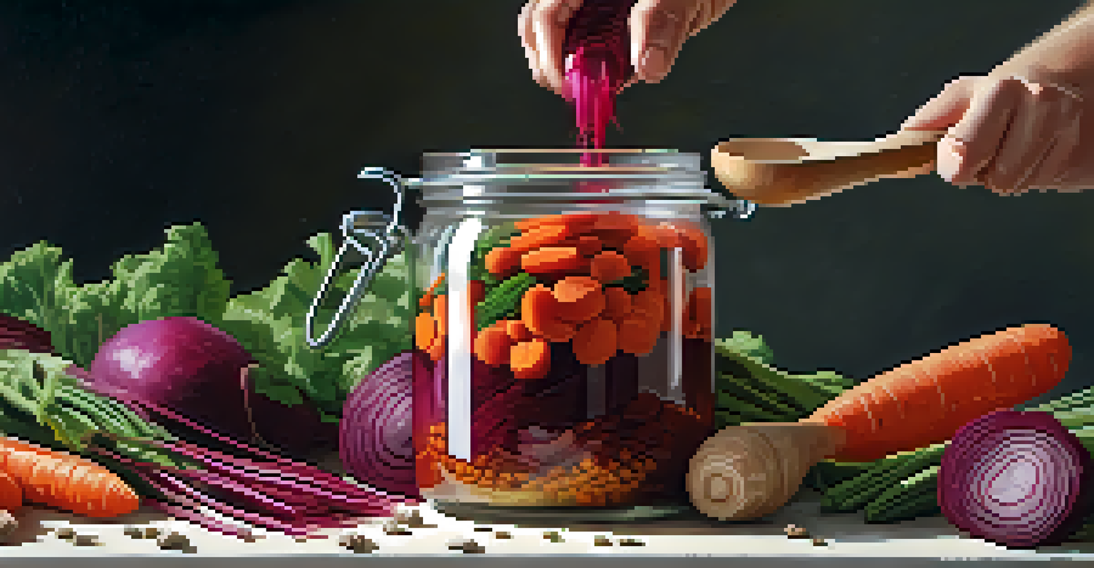 A close-up of a hand stirring a jar of fermenting vegetables, showcasing the vibrant colors and textures of beets and carrots.