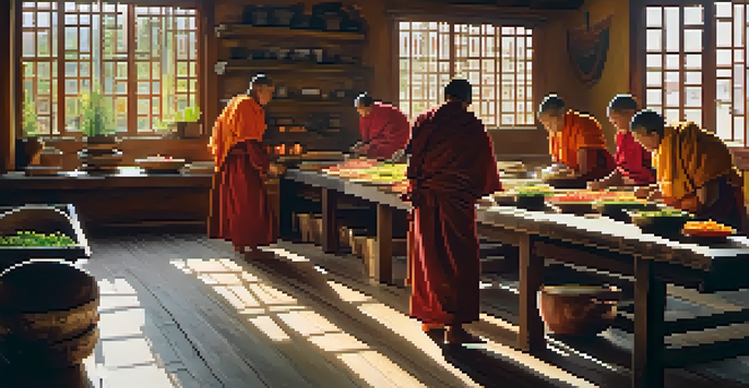 Monks in a Tibetan monastery kitchen preparing vegetarian meals, with sunlight illuminating colorful vegetables.