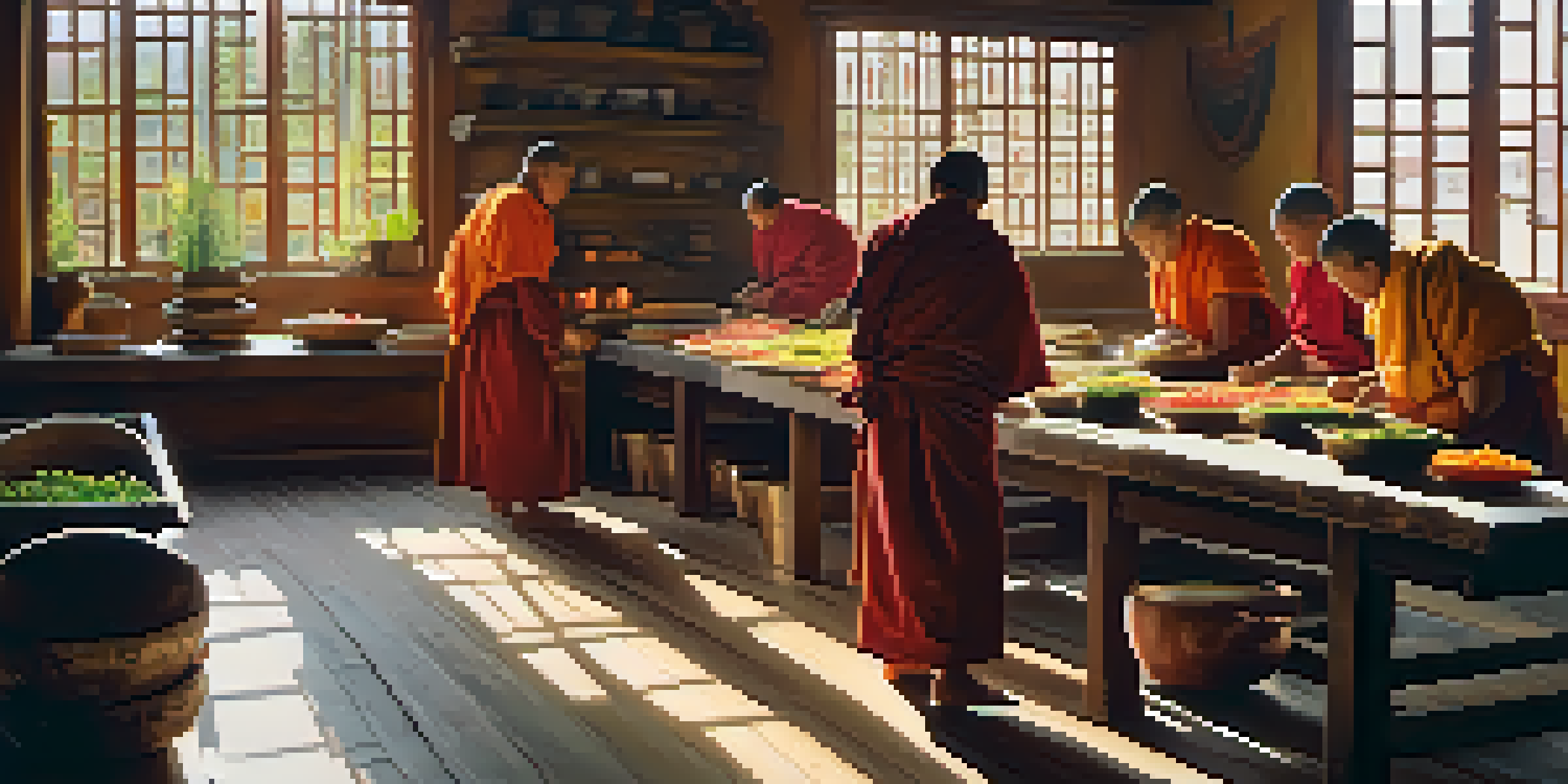 Monks in a Tibetan monastery kitchen preparing vegetarian meals, with sunlight illuminating colorful vegetables.