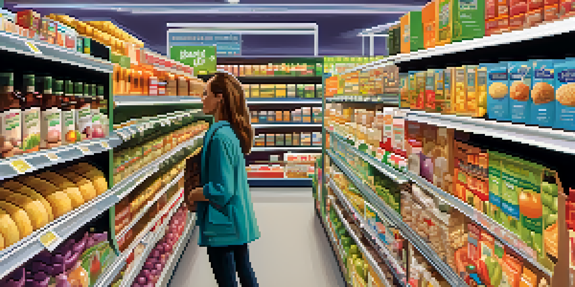 A colorful grocery store aisle filled with vegetarian food products, showcasing clearly labeled packages.