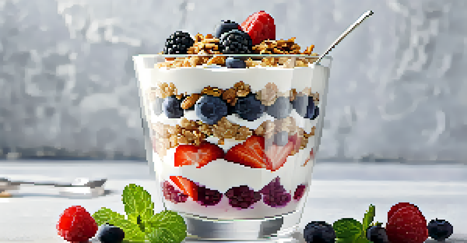 A layered Greek yogurt parfait in a clear glass, featuring yogurt, berries, granola, and honey, against a white background.