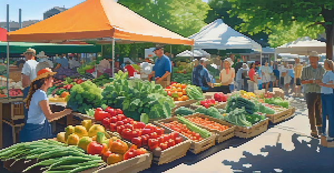 A lively farmer's market with colorful seasonal fruits and vegetables, sunlight filtering through leaves, and shoppers interacting with a farmer.