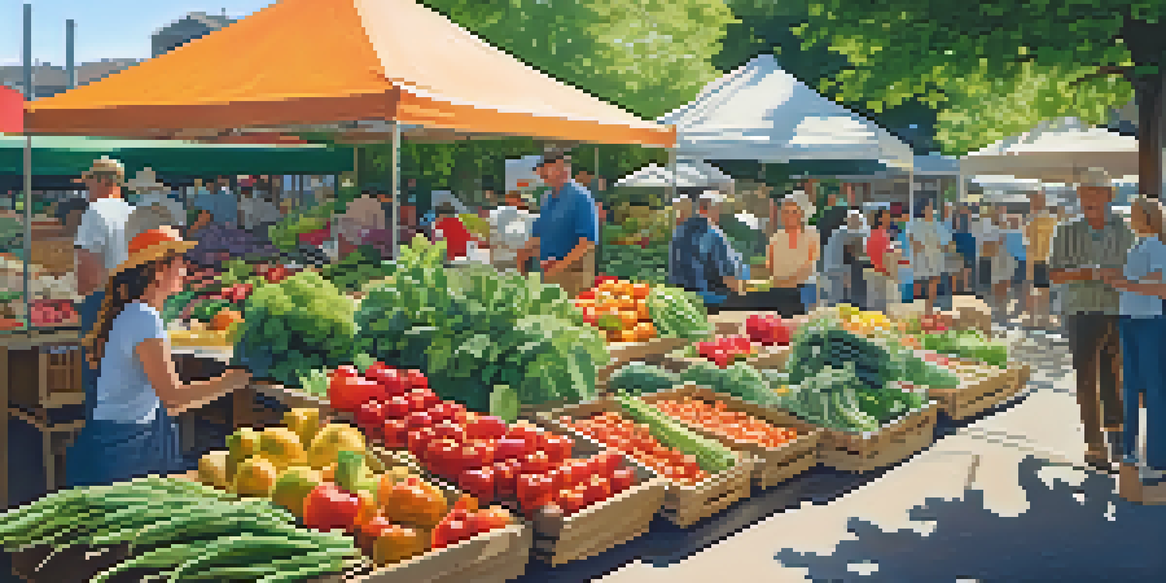 A lively farmer's market with colorful seasonal fruits and vegetables, sunlight filtering through leaves, and shoppers interacting with a farmer.