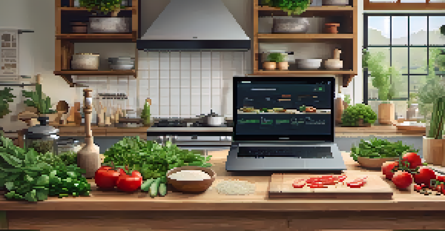 A kitchen with a laptop showing a virtual cooking class and fresh ingredients arranged around it.