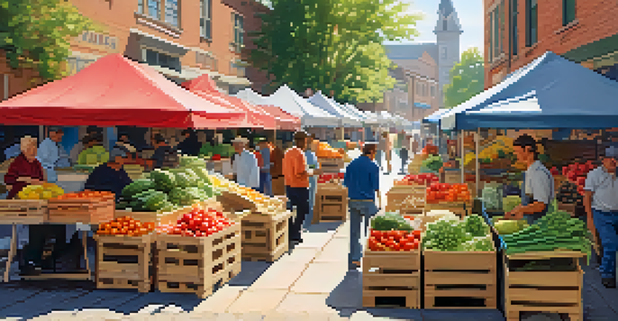 A lively local market bustling with vendors and customers, featuring an array of fresh fruits and vegetables under a sunny canopy.