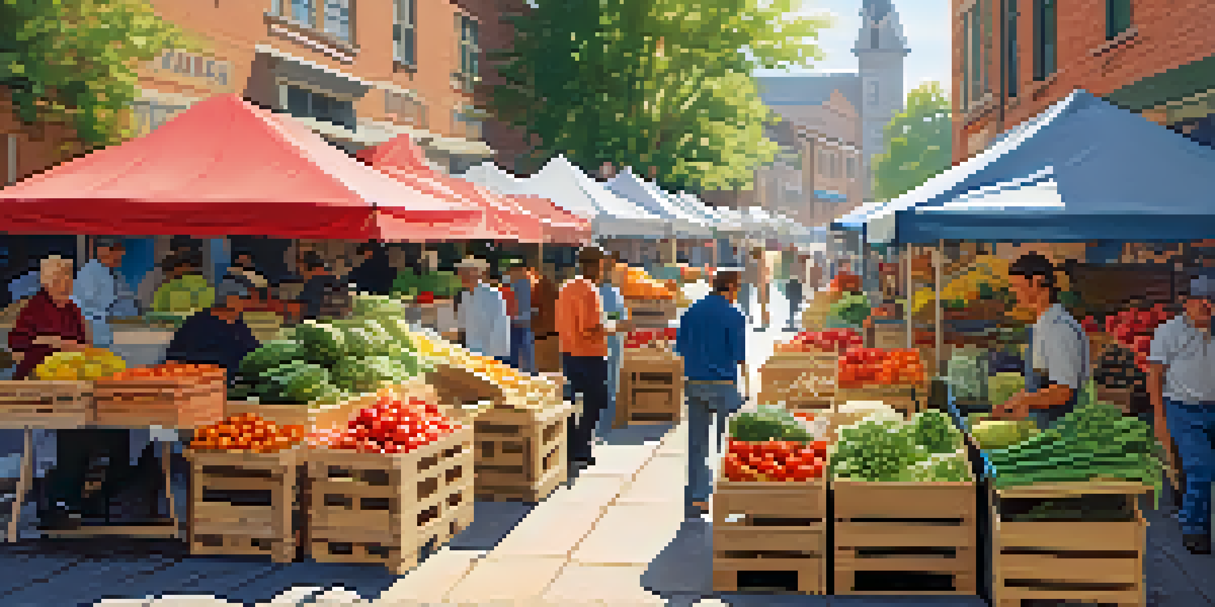 A lively local market bustling with vendors and customers, featuring an array of fresh fruits and vegetables under a sunny canopy.