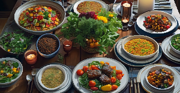A dining table beautifully arranged with various vegetarian dishes, including quinoa salad and vegetable skewers, illuminated by candlelight.