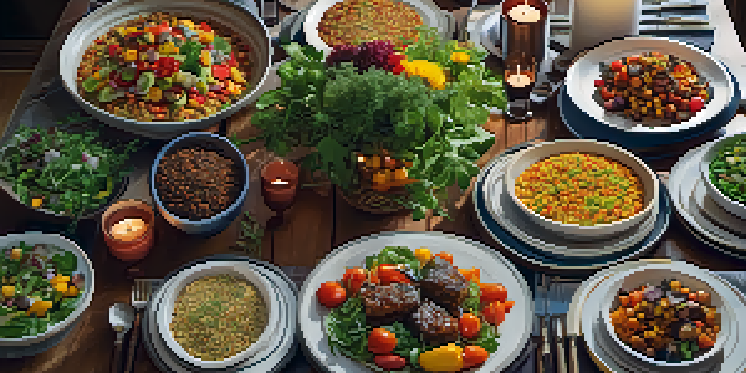 A dining table beautifully arranged with various vegetarian dishes, including quinoa salad and vegetable skewers, illuminated by candlelight.