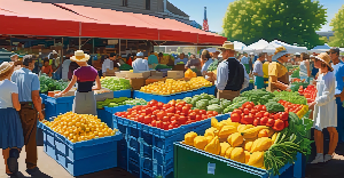 A bustling farmer's market with various fresh fruits and vegetables, people interacting, all under a sunny sky.