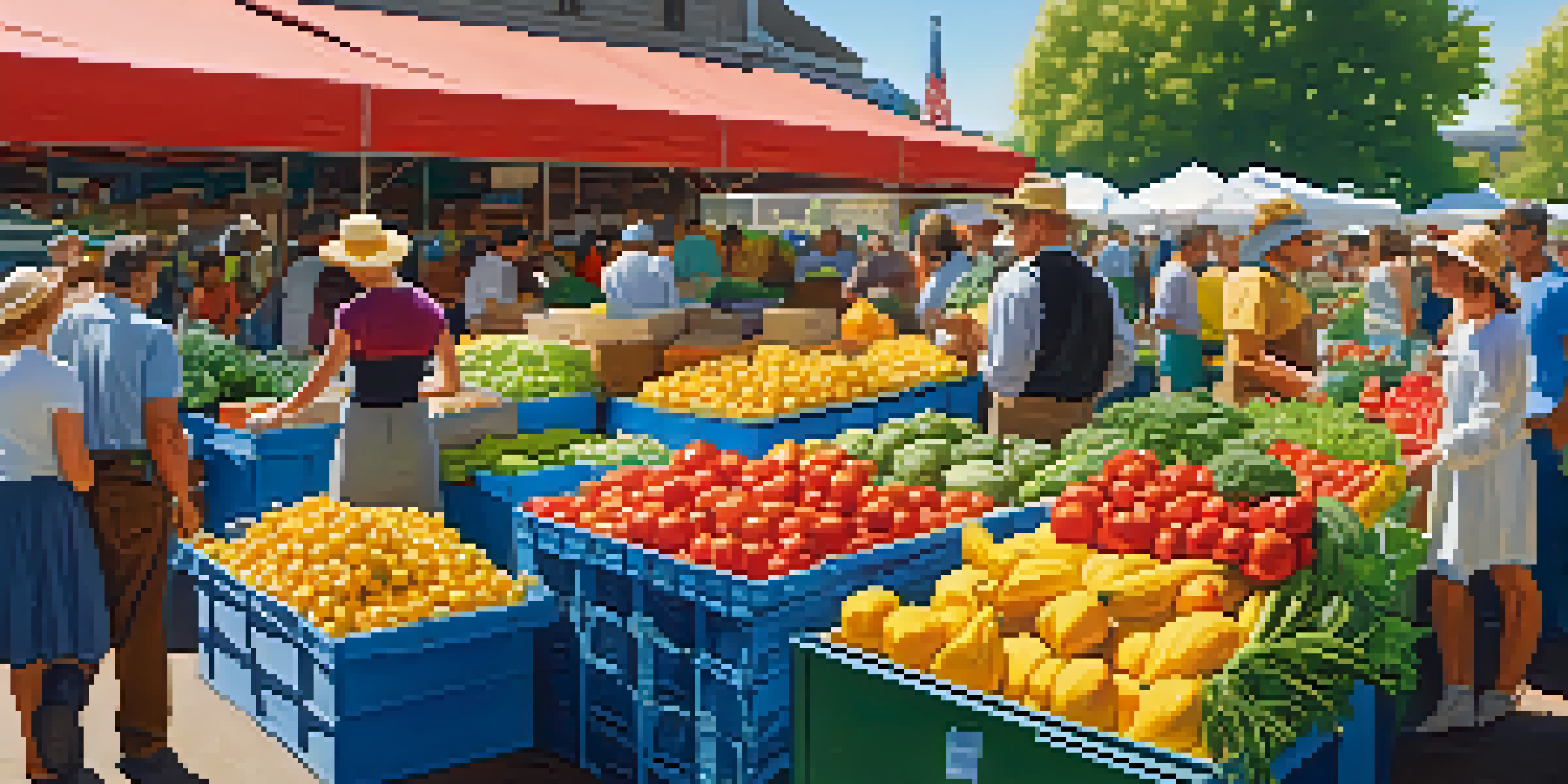 A bustling farmer's market with various fresh fruits and vegetables, people interacting, all under a sunny sky.