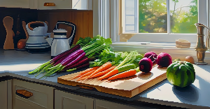 A kitchen with colorful vegetables on a cutting board and a knife, illuminated by natural light.