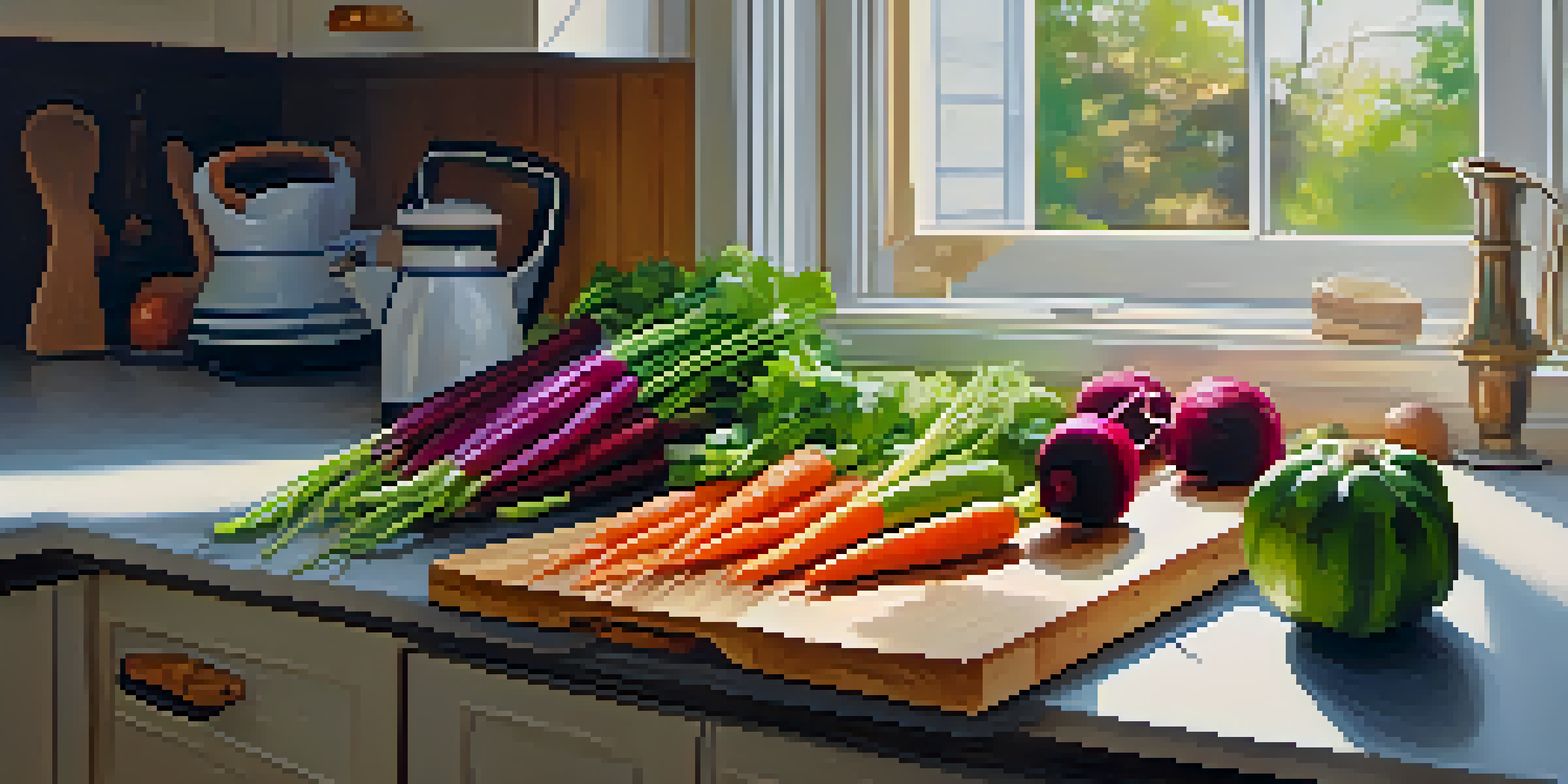 A kitchen with colorful vegetables on a cutting board and a knife, illuminated by natural light.